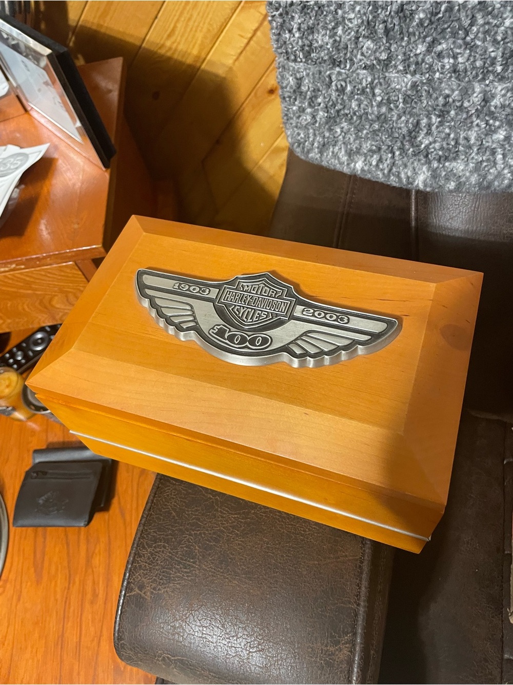 Harley-Davidson Orange Wood Keepsake Box with Silver Wing Emblem